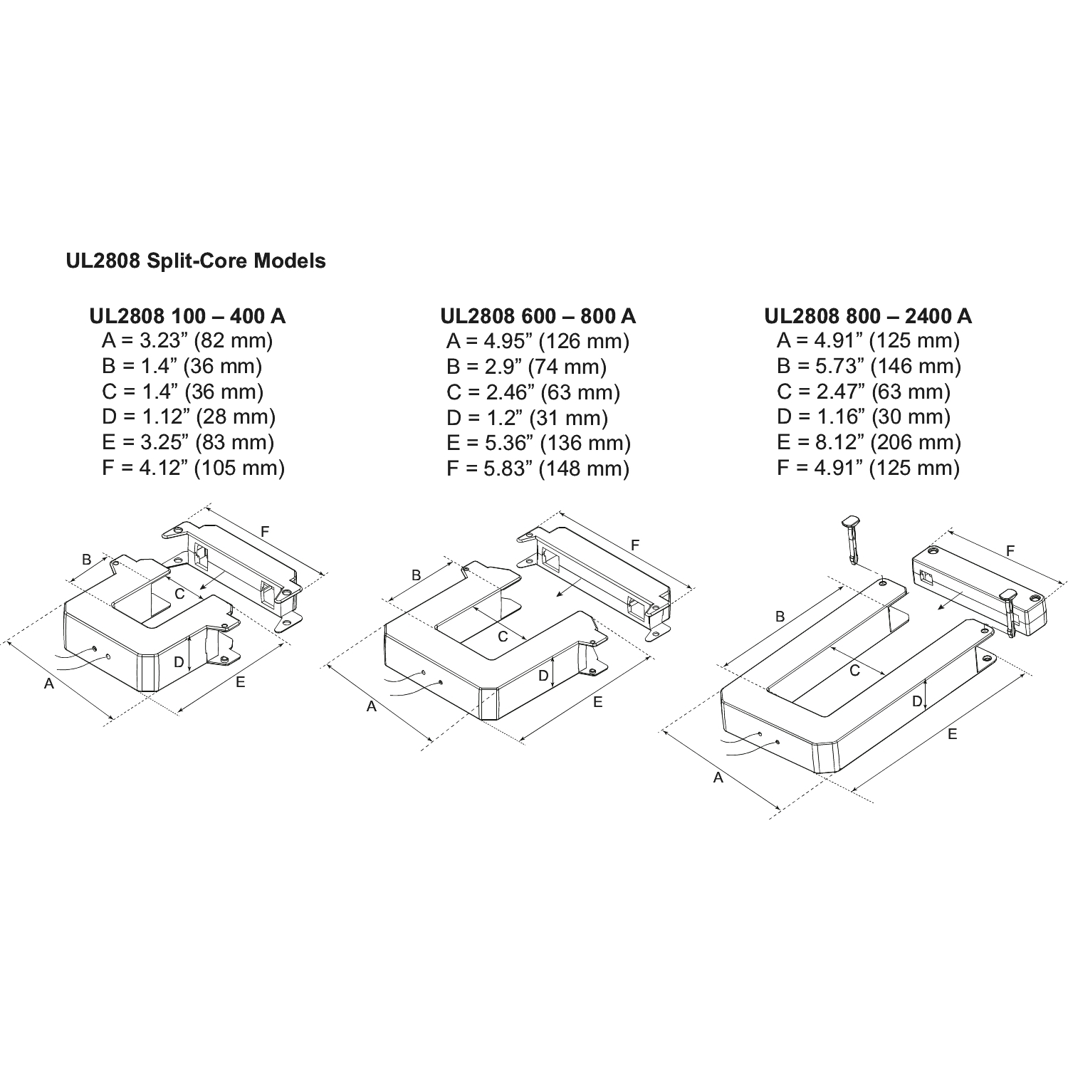 split core current transformer, PowerLogic UL2808 CT, 100A, 0.333V output, 8ft lead