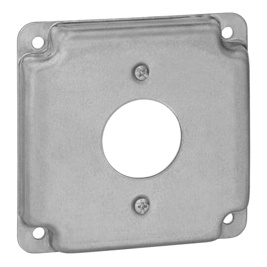 Square Box Surface Cover, 5 Cubic Inches, 4 Inch Square x 1/2 Inch Deep, 1-13/32 Inch Diameter Hole, Galvanized Steel, For use with One Single Flush Receptacle