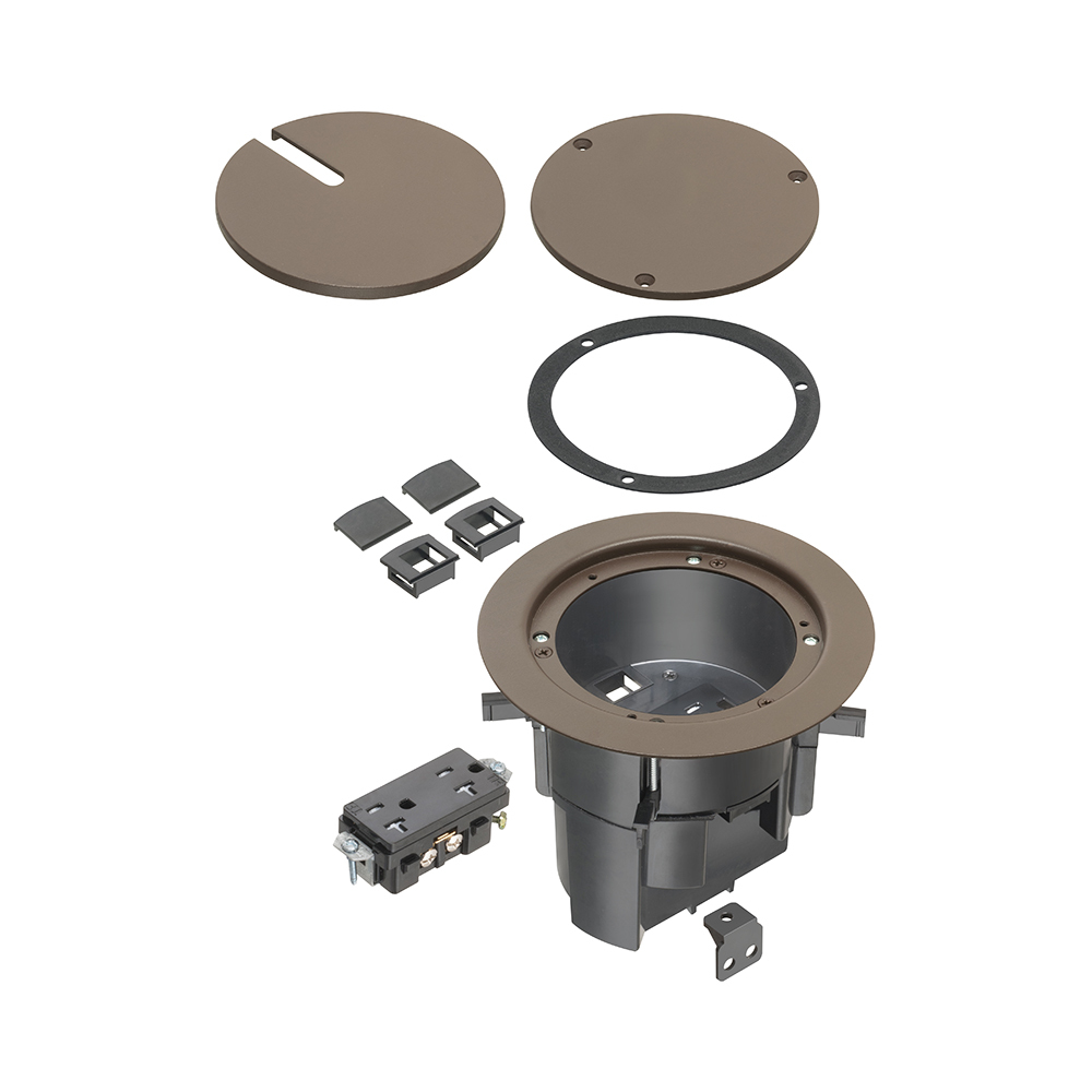 TWO low voltage openings with built-in divider, an ultra-thin stamped steel flange, and flush-to-the-floor in-use and blank covers. Has a brown powder-coated finish.
