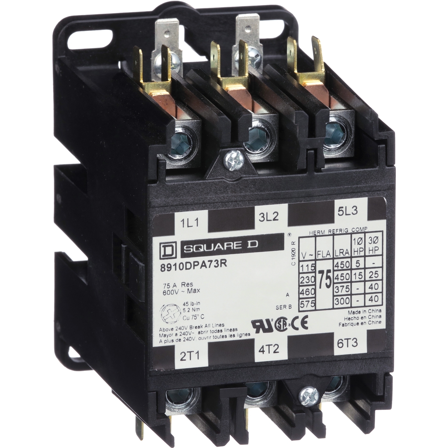 Contactor, Definite Purpose, 75A, 3 pole, 40 HP at 575 VAC, 3 phase, 110/120 VAC 50/60 Hz coil, open