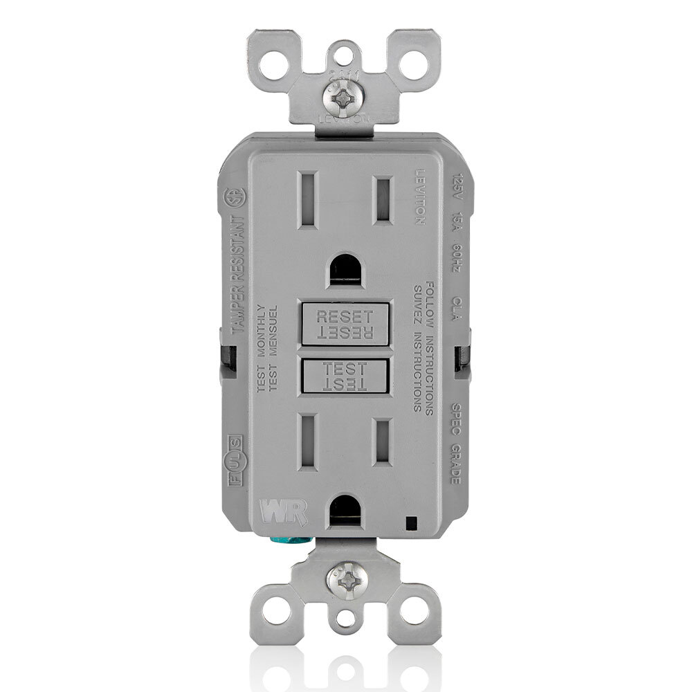 Self-Test Tamper Resistant, Weather Resistant GFCI Receptacle. Nema 5-15R, 15A-125V At Receptacle, 20A-125V Feed-through - Gray With Gray Test And Reset Buttons