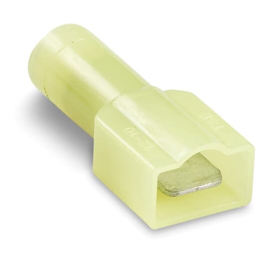 Nylon-Insulated Male Tab, Length 1.17 Inches, Width .45 Inches, Maximum Insulated .210, Tab Size .250x.032, Wire Range #12-#10 AWG, Color Yellow, Copper, Tin Plated