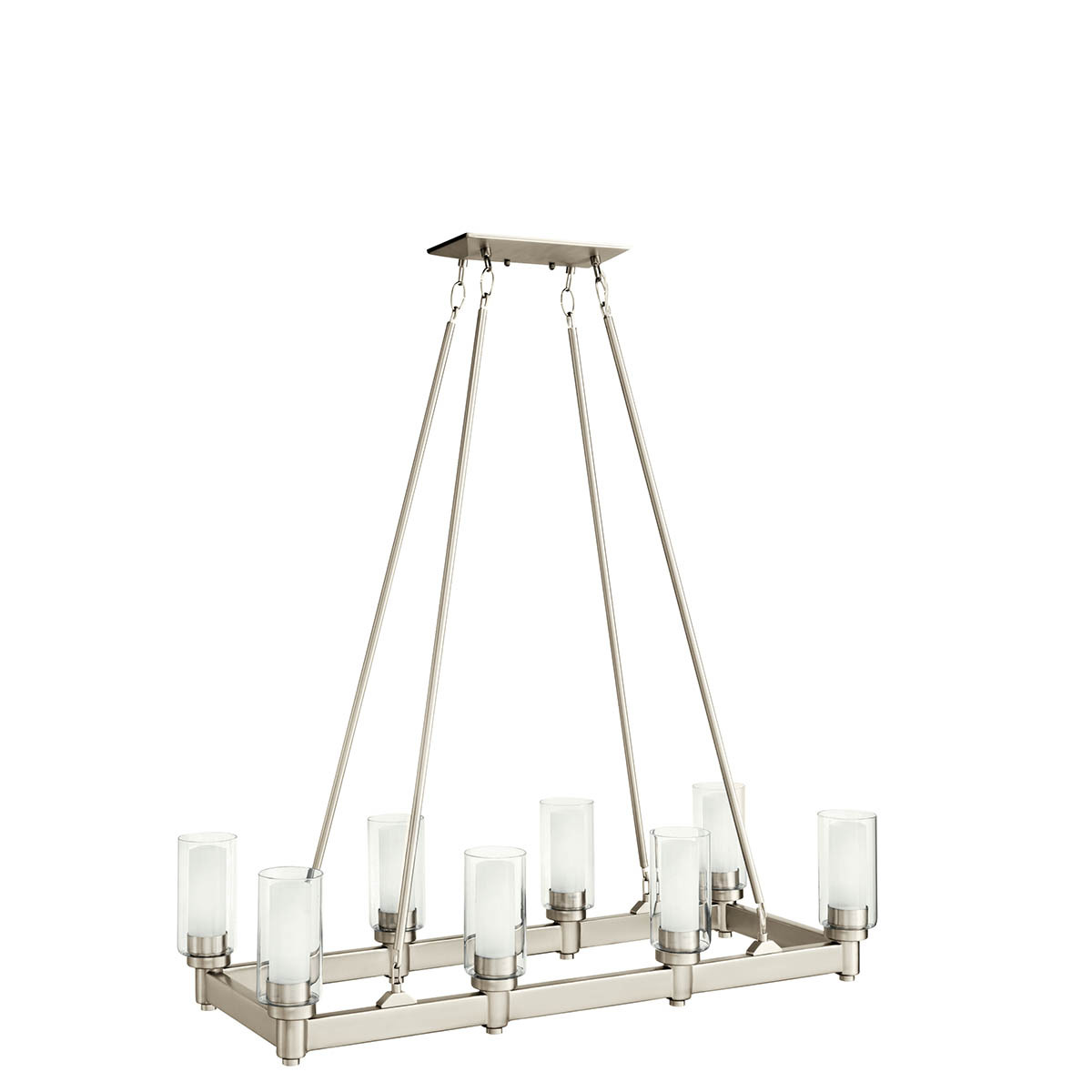 The Circolo 39.25in; 8 light linear chandelier features a Brushed Nickel finish and clear outer and satin etched inner glass cylinders for a classic look. The Circolofts double layer glass provides a European flair to the linear chandelier which works nicely in several aesthetic