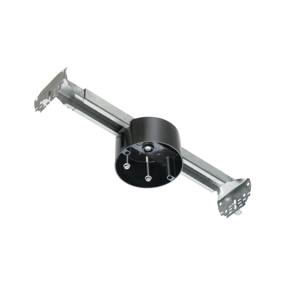 Steel adjustable bracket with plastic box for fan and fixture mounting. 2 hour fire rated. 23.0 cu. in. 70lb fan rated at 24" on center, 90lb fixture rated at 16" on center, 70lb fan rated 16" on center, 150lb fixture rated at 16" on center.