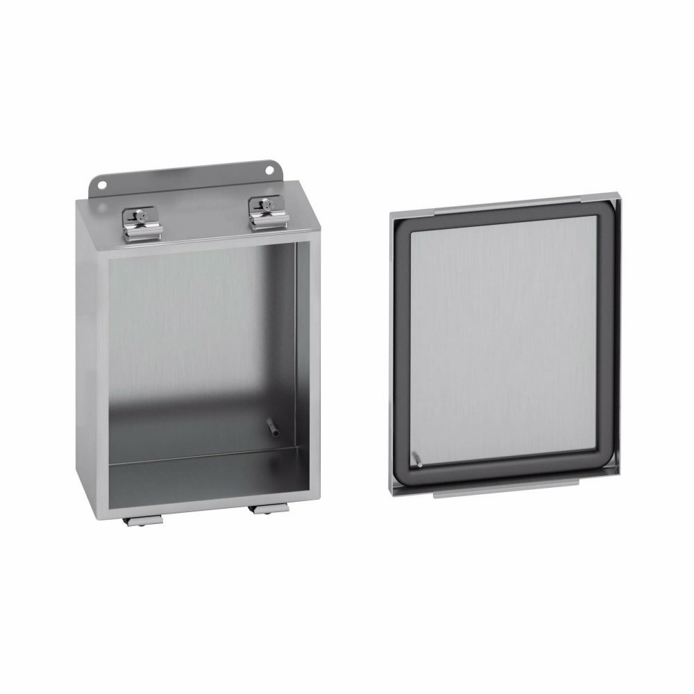 Eaton B-Line series JIC panel enclosure, 12" height, 5" length, 10" width, NEMA 4X, Screw cover, 4XSLC enclosure, Wall mount, Small single door, External mounting feet, 304 stainless steel, Seamless poured in-place gasket