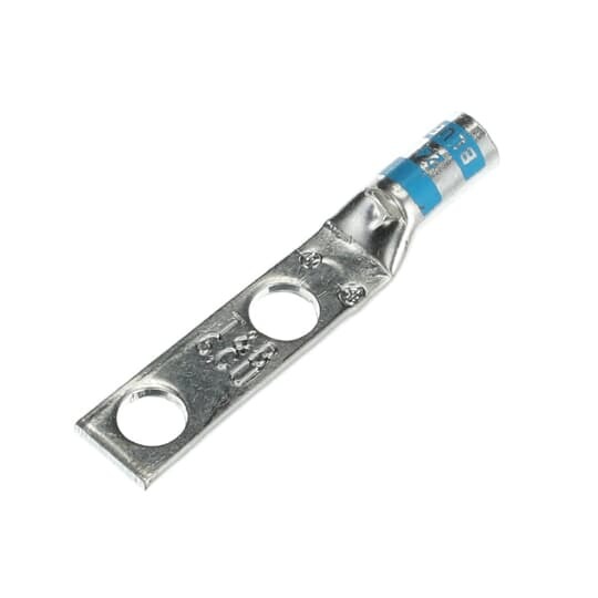 Copper Two-Hole Lug, Standard Barrel, Peep Hole, Tongue Length 1.31 Inches, Max 35kV, Wire Size #6 AWG, 1/4 Inch Bolt Size, 3/4 Inch Hole Spacing, Tin Plated, Die Color Code Blue, Die Code 24