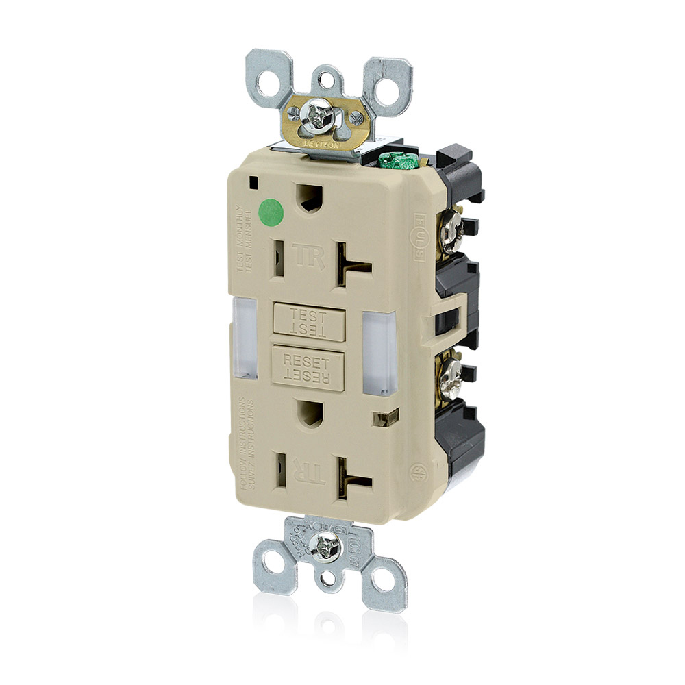 20 Amp, 125 Volt SmartlockPro Slim Guidelight Self-Test GFCI Receptacle, Hospital Grade, 20 Amp Feed-Through, Tamper-Resistant, Back & Side Wired, Wallplate Sold Separately - IVORY