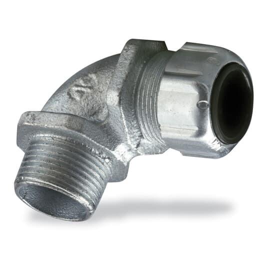Liquidtight Strain Relief Connector, 1/2 Inch, 90 Degree Bend, Cord Range 0.310 to 0.560 Inch, Throat Diameter 19/32 Inch, Malleable Iron Body, Steel Gland, Plastic Grip, Santropene Bushing