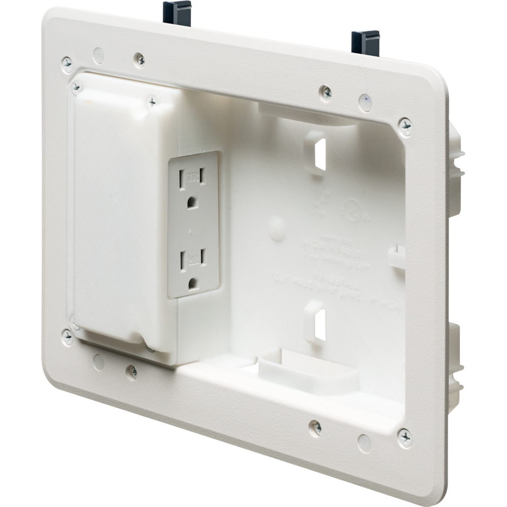 Low Profile non metallic TV BOX kit. For a flush to the wall installation as shallow as 3/4". For new or old construction. Fits also on 2x2, 2x3 and 2x4 studs. Box Only.