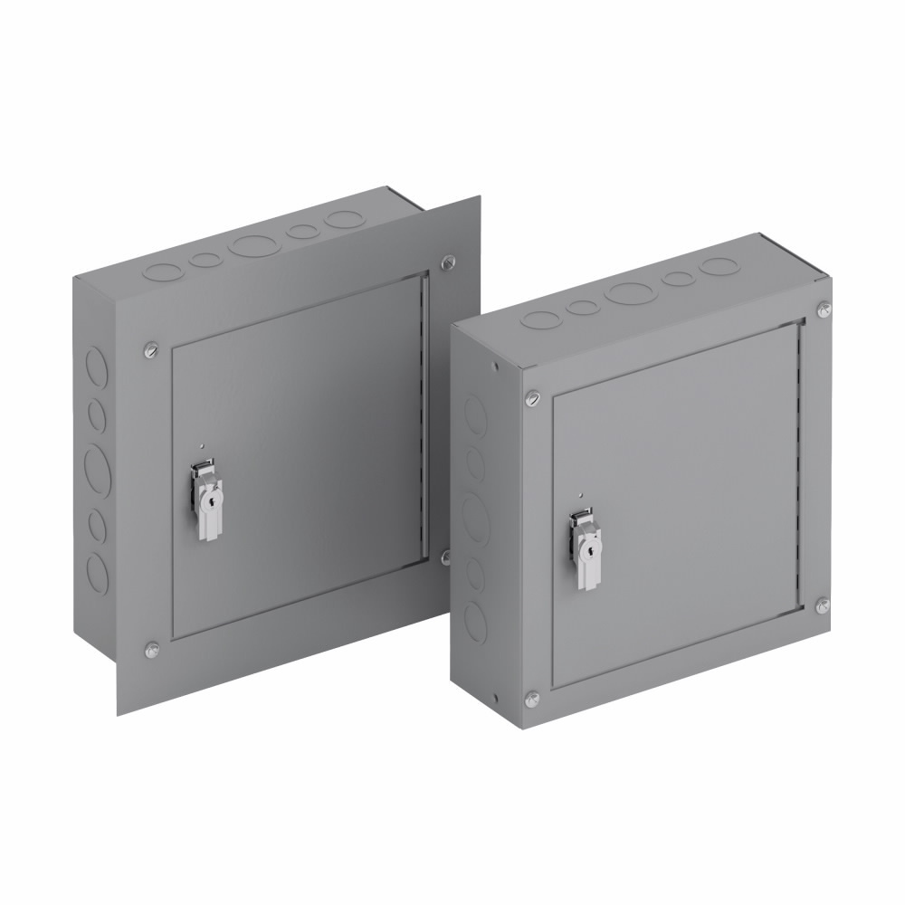 Eaton B-Line series utility enclosures, 18" height, 4" length, 12" width, NEMA 1, Hinged cover, TCS cabinet, Surface mounted, Medium single door, Thru holes, Carbon steel