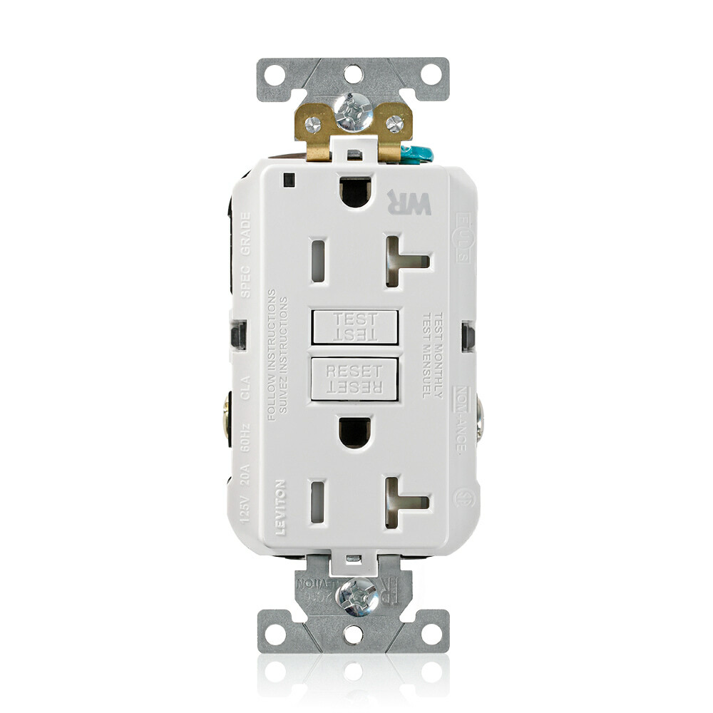 20 Amp, 125 Volt, SmartlockPro Self-Test GFCI Duplex Receptacle , NEMA 5-20R, 2P, 3W, Extra-Heavy Duty Industrial Grade, Weather & Tamper-Resistant, 20A Feed-Through, Back or Side Wired - WHITE