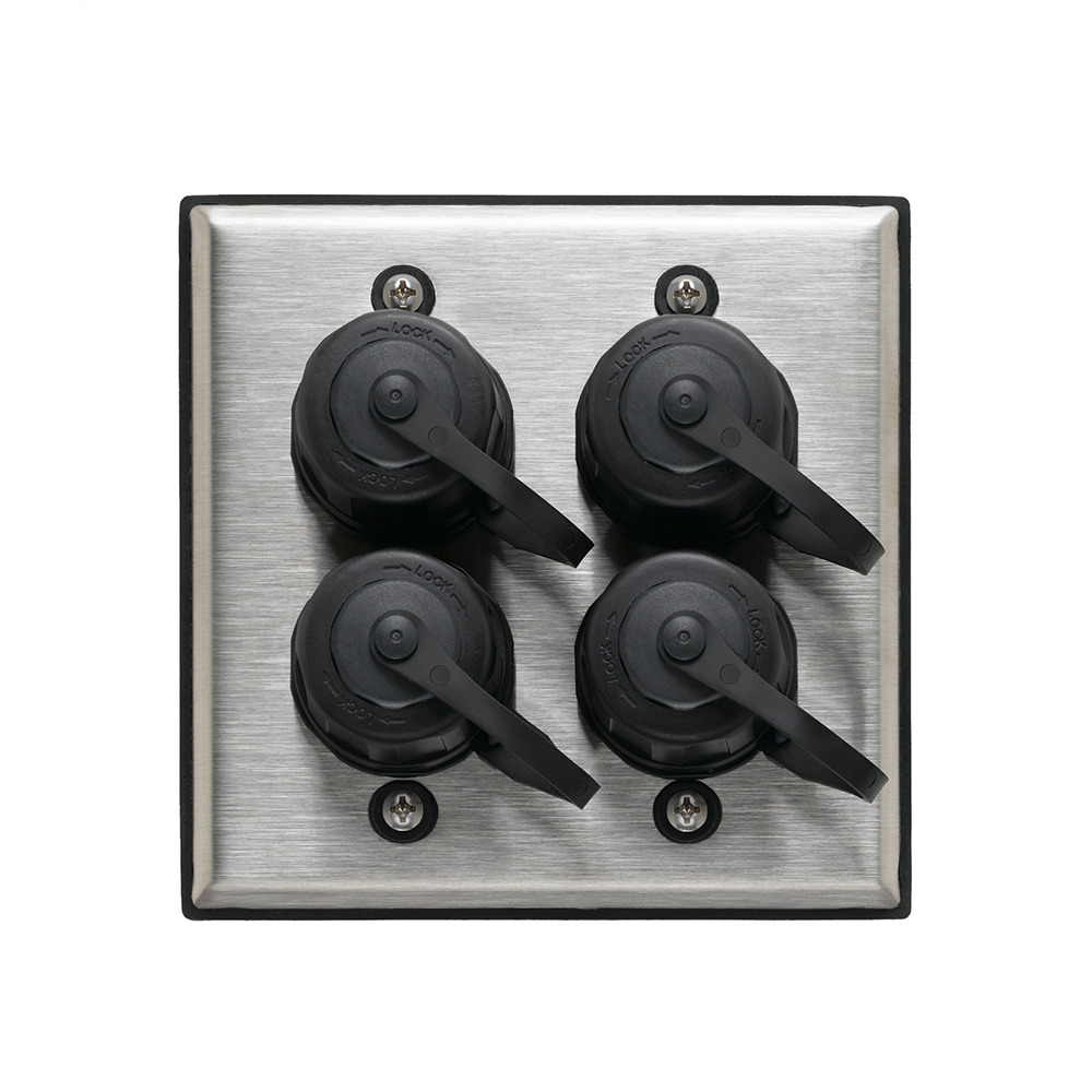 Industrial Outlet Kit, Includes 4-Port Dual Gange Stainless Steel Wallplate, (4 EA) Connector Housing, and (4 EA) Dust Cap, Black