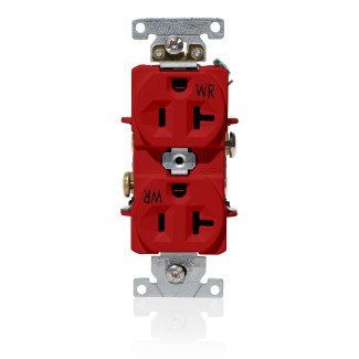 20 Amp, 125 Volt, NEMA 5-20R, 2P, 3W, Wide Body Duplex Receptacle, Straight Blade, Industrial Grade, Self Grounding, Weather-Resistant, Back & Side Wired, Nickel-Plated Brass Strap - RED