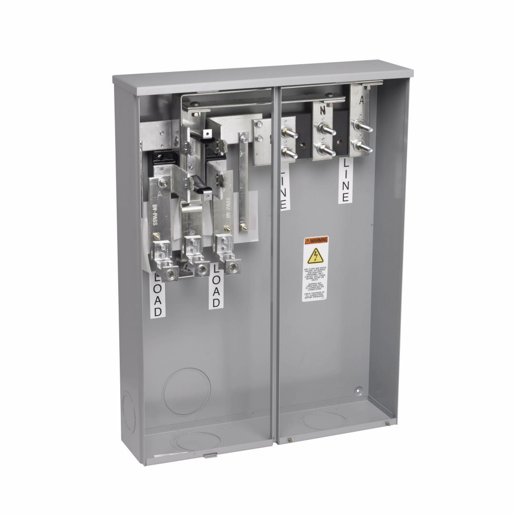 Eaton B-Line series single meter sockets, 200 A, Ring type, ANSI 61 gray painted, Studs, MCB, Steel, Surface mount, 4 jaws, 2 positions, 1?/3W, Overhead and underground feed