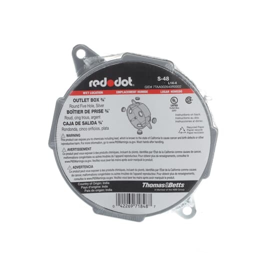 Round Outlet Box, 15.8 Cubic Inches, Diameter 3-15/16 Inch, Depth 1-5/8 Inch, Hub Size 3/4 Inch, Silver, Aluminum, with 5 Outlets, Four on the Sides and One in Back, Mounting Lugs, and 4 Closure Plugs, Pack of 36