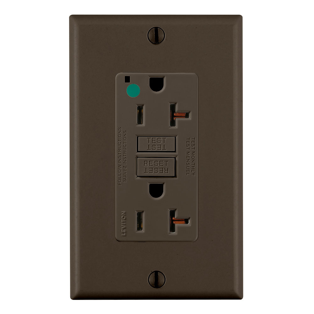 20 Amp, 125 Volt, SmartlockPro Slim Self-Test GFCI Receptacle, Extra-Heavy Duty Hospital Grade, NEMA 5-20R, 20A Feed-Through, 2P, 3W, Matching Wallplate Included - BROWN