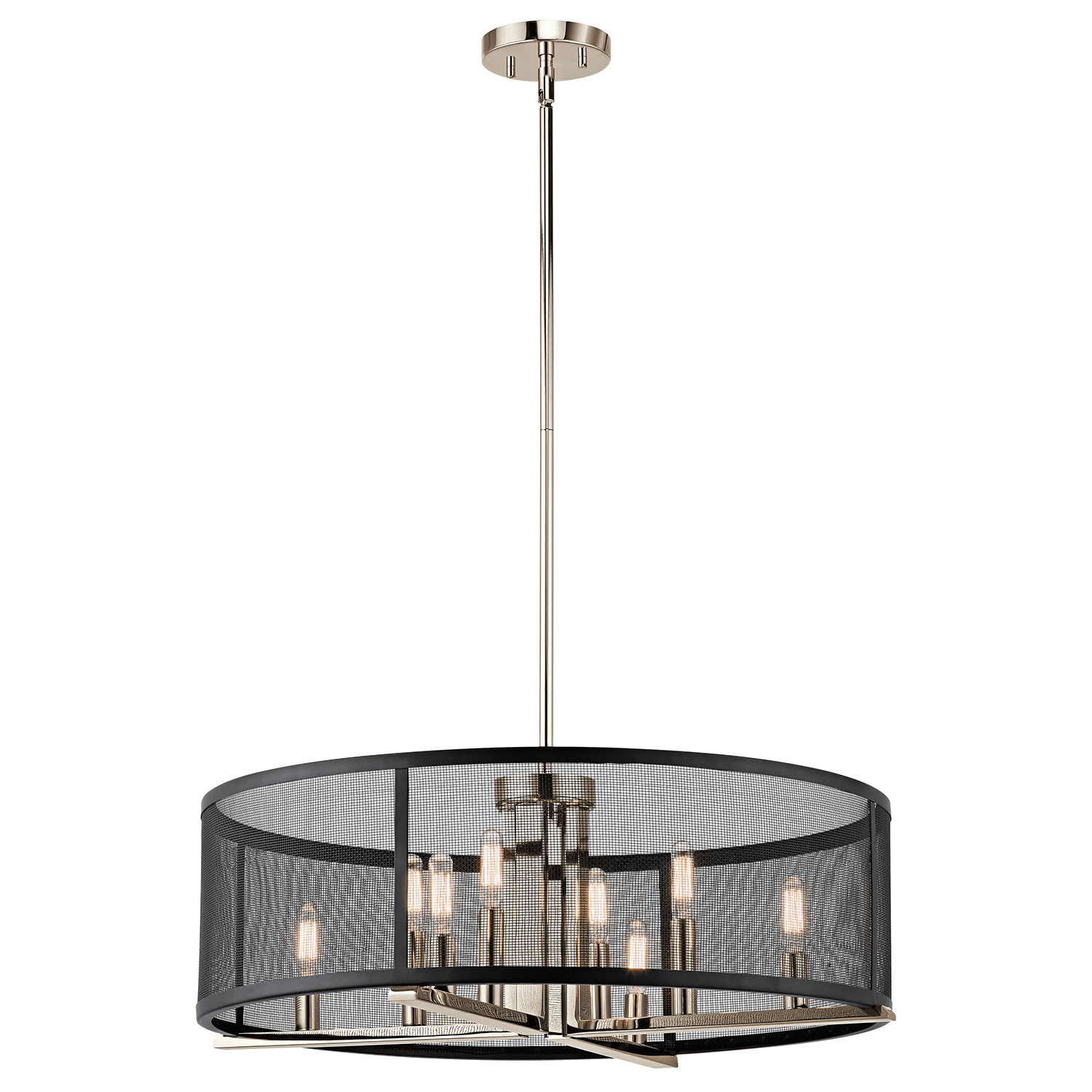 The Titus 9.75in; 8 light chandelier features a industrial look with its Polished Nickel finish and black mesh shade. The Titus chandelier is perfect in several aesthetic environments, including industrial and modern.