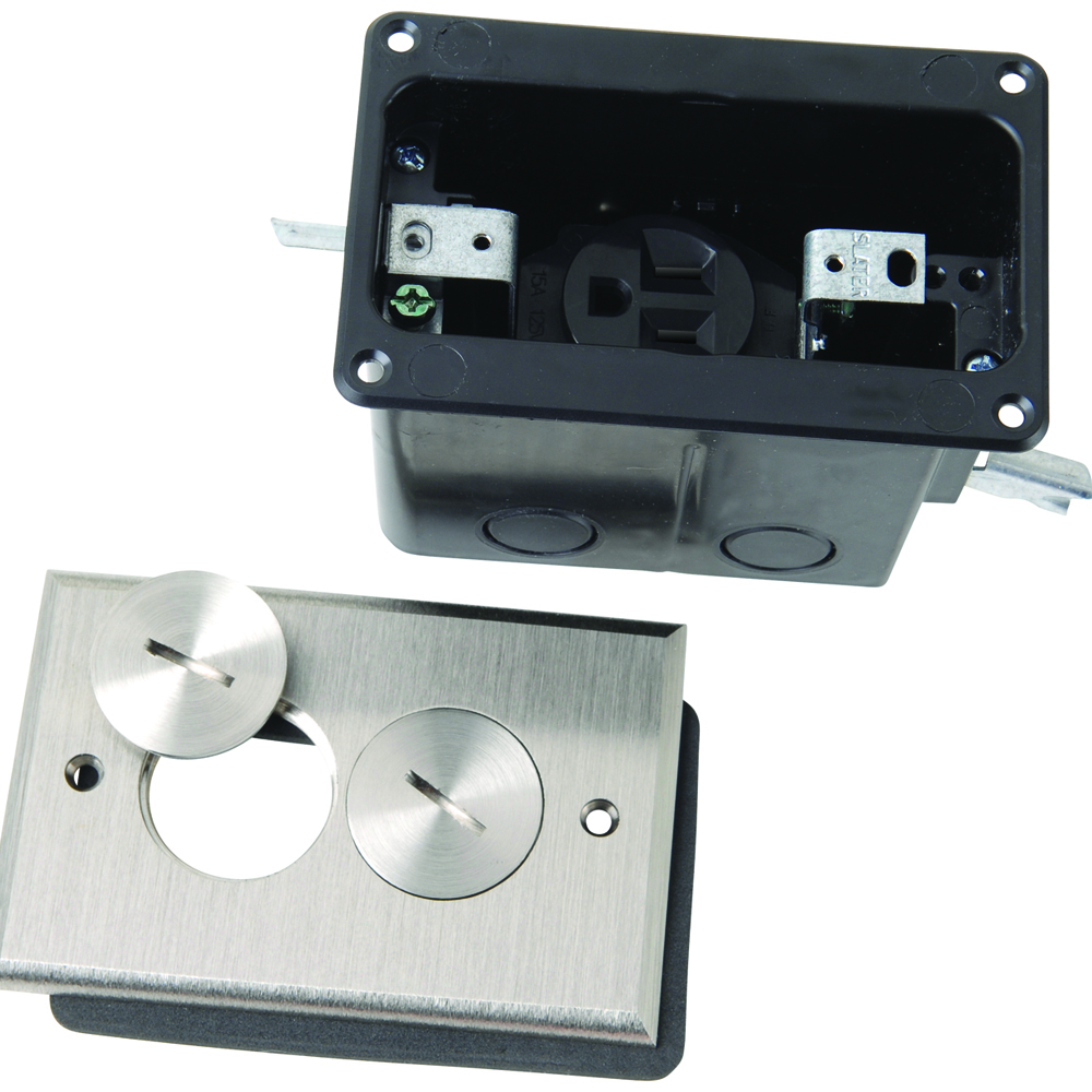 Tamper-Resistant Floor Box Assembly, Single Threaded screw plug. Includes 15 amp 125 volt tamper-resistant single receptacle. Nickel.