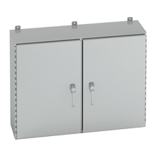 Eaton B-Line series wall mounted panel enclosure, 42" height, 12" length, 42" width, NEMA 4X, Hinged cover, 4XSD3PT enclosure, Wall mount, Medium double door, External mounting feet, 304 stainless steel, Seamless poured in-place gasket