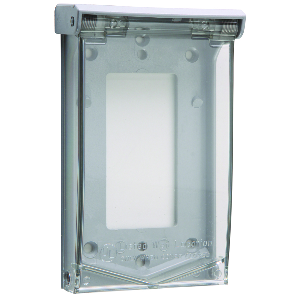 Weatherproof Thermoplastic Self-Closing Cover, Decorator or Ground Fault Circuit Interrupter, Vertical 4 Screw Mounting - Padlockable, Gray