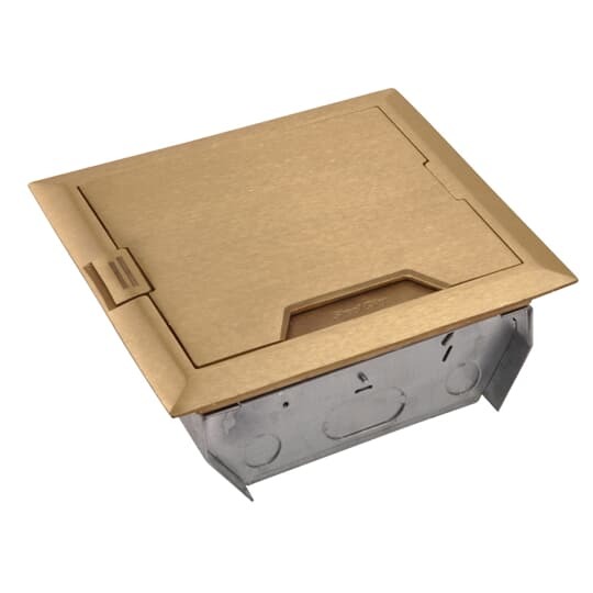 Three Compartment Raised Access Floor Module, 150 Cubic Inches, Floor Cut Out Length 7-15/16 Inches, Width 7-15/16 Inches, Cover Size Length 7-5/8 Inches, Width 7-5/8 Inches, Depth 4 Inches, Galvanized Steel with Brass Cover