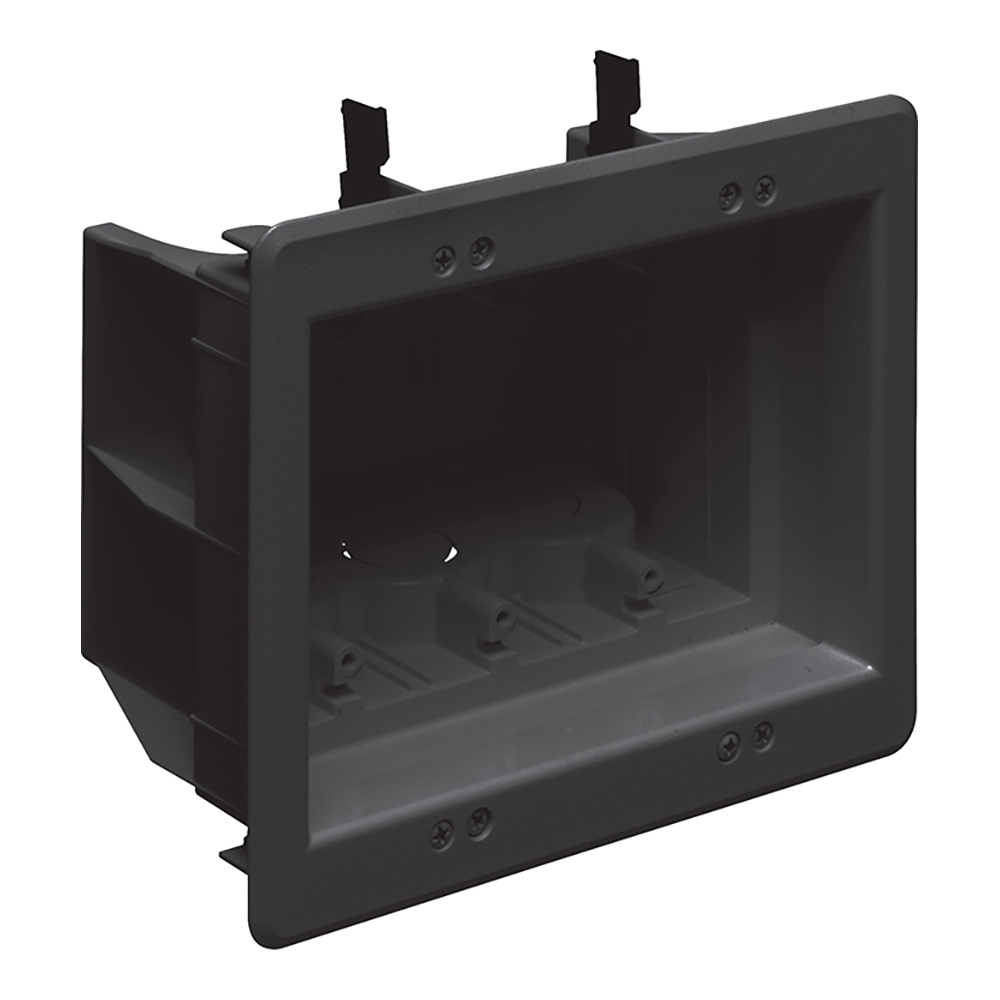 Arlington's non-metallic recessed indoor InBox allows items such as furniture or televisions to be placed closer to the wall. Our InBox uses mounting wings to attach to the wall, so it is ideal for new or retrofit construction. This three gang 49.3 cubic inch InBox comes in black, is UL listed, and has a two hour fire rating. It comes with the recessed box, trim plate, wall plates, low voltage divider, and mounting/installation screws.