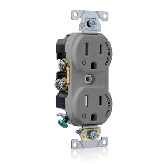 Tamper Resistant Duplex Receptacle, 2-Pole 3-Wire, NEMA 5-15R, 15A-125V, Gray, Back And Side Wired, Self Grounding, Triple-combination-head Screws, Commercial Spec Grade - 2 Plug Controlled Markings Universal Marking Orientation