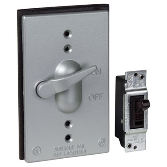 Single Gang Weatherproof Receptacle Cover, Silver, Aluminum, Device Mount Switch Cover with Switch, Single Pole 15A, 125V