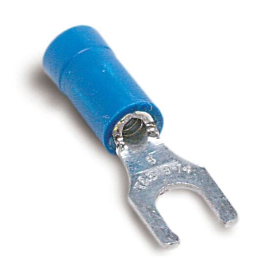 Vinyl-Insulated Locking Fork Terminal, Length .97 Inches, Width .29 Inches, Maximum Insulation .170, Bolt Hole #8, Wire Range #18-#14 AWG, Color Blue, Copper, Tin Plated