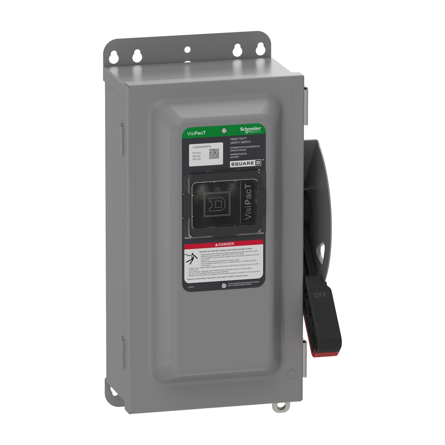 Safety switch, VisiPacT, heavy duty, fused, viewing window, NEMA 12, 600V, 60A, 3 pole, neutral installed, ground lugs