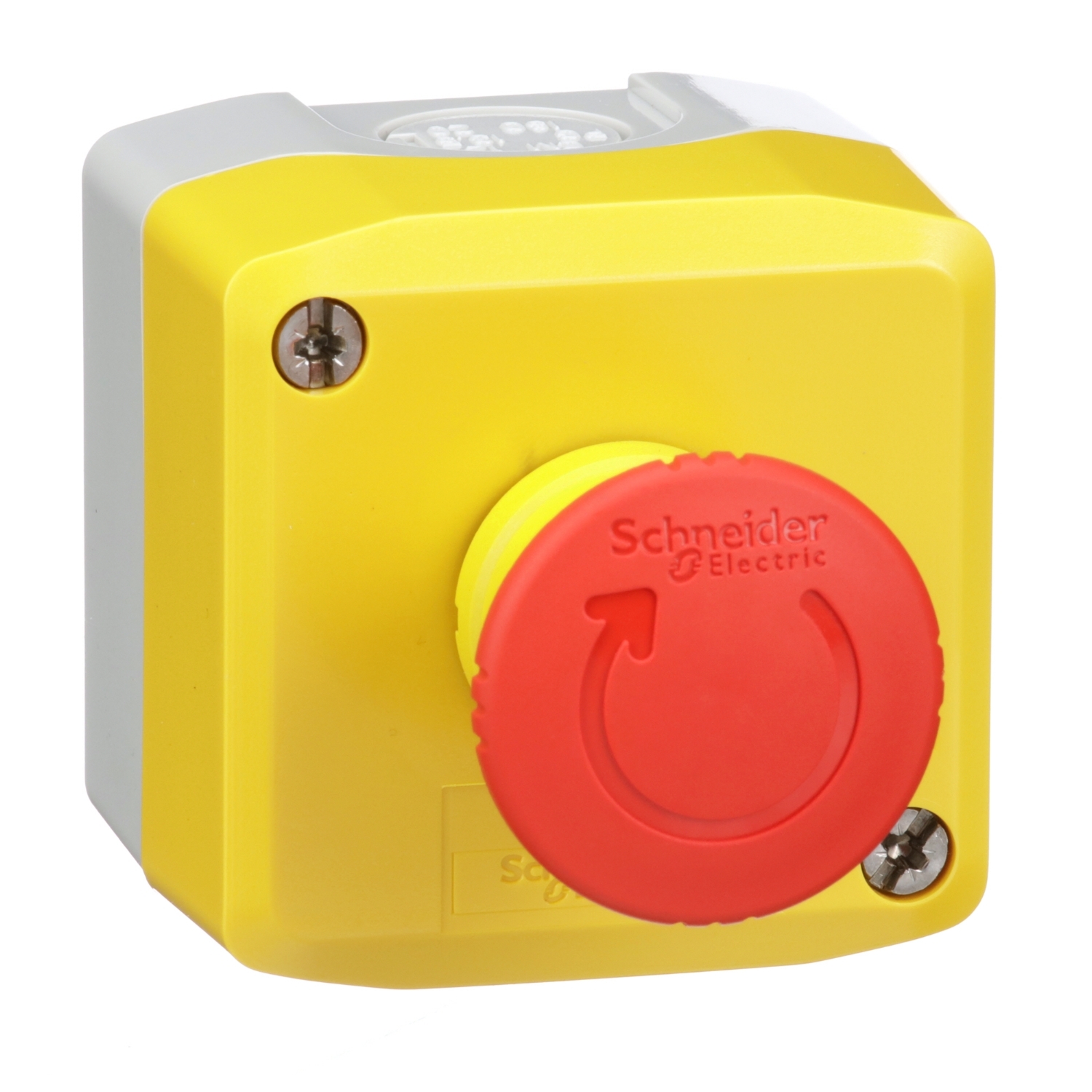 Control station, Harmony, plastic, yellow, 1 red mushroom head push button 40mm, emergency stop turn to release 1NO + 1NC, unmarked, UL CSA certified