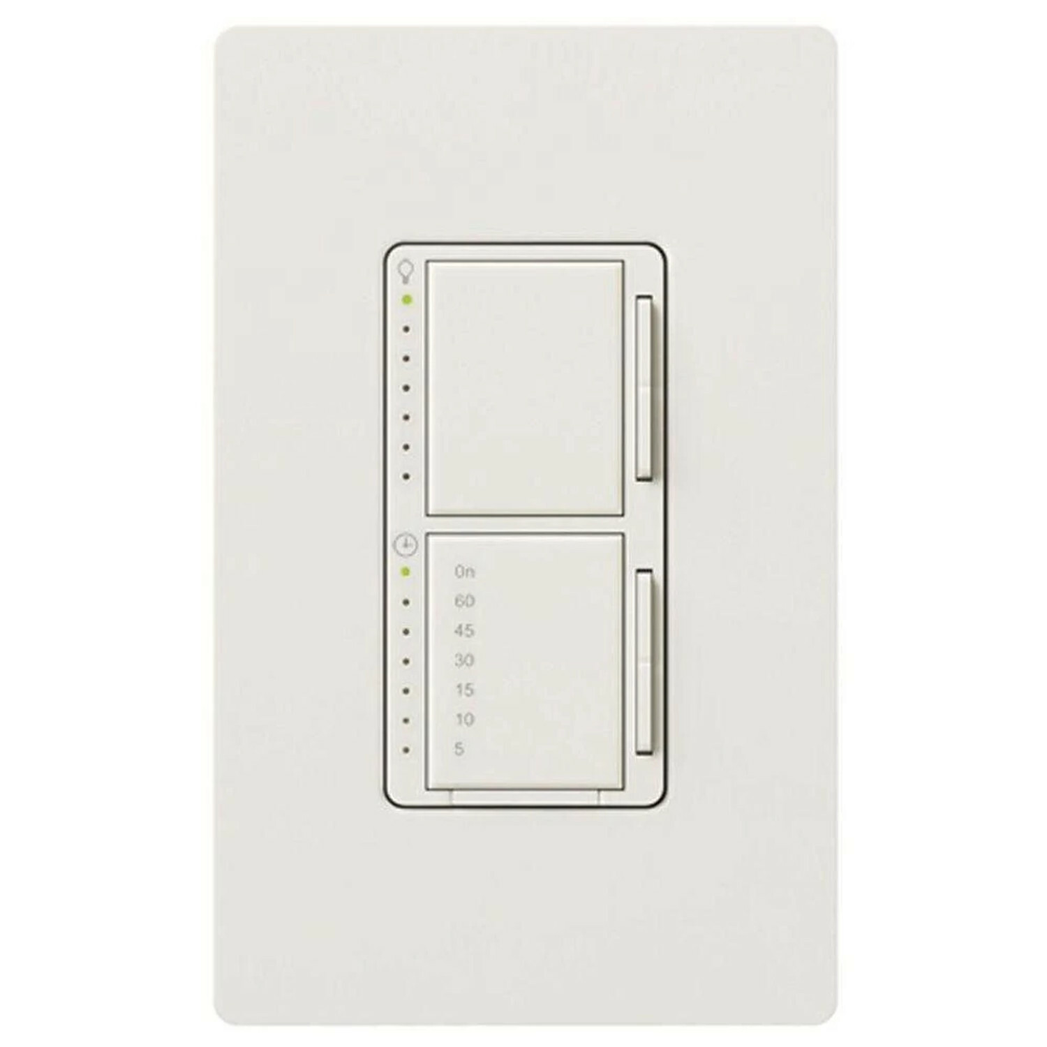 Maestro Dual Incandescent/Halogen Dimmer and Timer Switch, Single-pole, clamshell packaging, wallplate included, White finish, 120V/300W dimmer, 2.5A timer