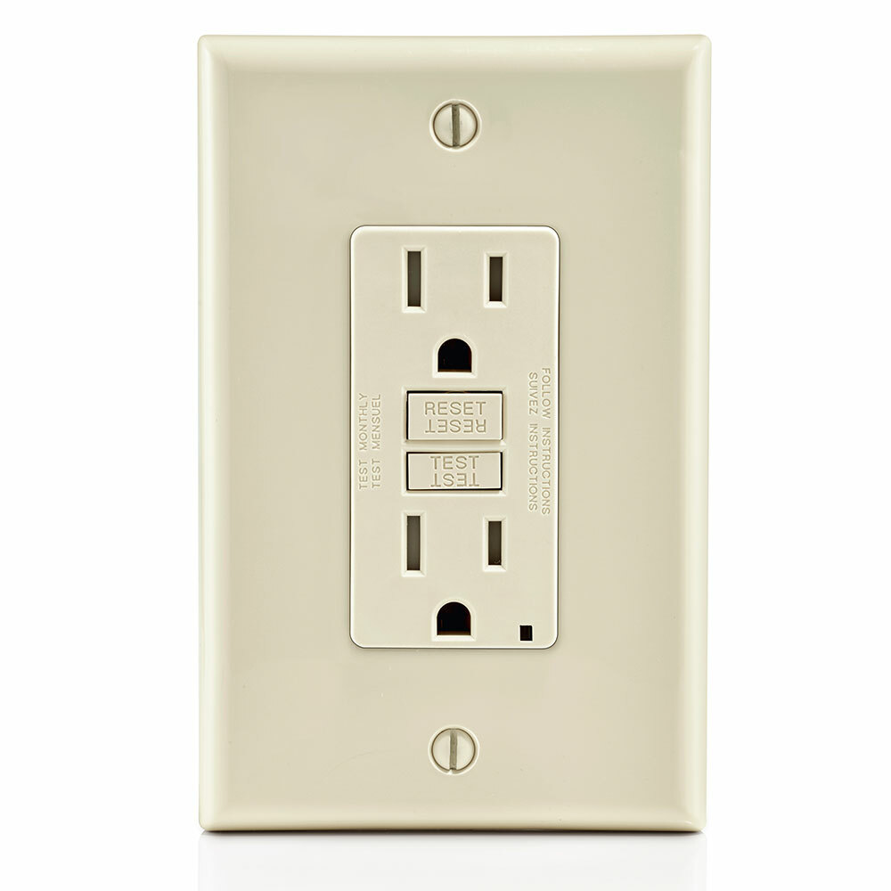 Self-test  Slim Tamper Resistant GFCI Receptacle, NEMA 5-15R 15A-125V @ Receptacle, 20A-125V Feed-through, Light Almond W/ Light Almond Test And Reset Buttons