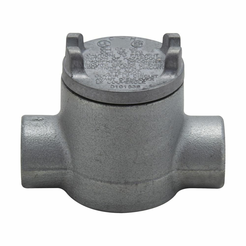 Eaton Crouse-Hinds series Condulet GUA conduit outlet box with cover, 2" cover opening diameter, Feraloy iron alloy, C shape, 3/4"
