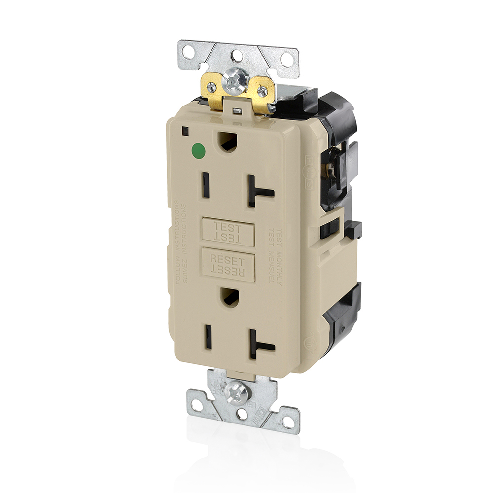 20 Amp, 125 Volt, SmartlockPro Slim Lev-Lok  Self-Test GFCI Receptacle, Extra-Heavy Duty Hospital Grade, 20A Feed-Through,NEMA 5-20R, 2P, 3W, Modular Terminals  IVORY