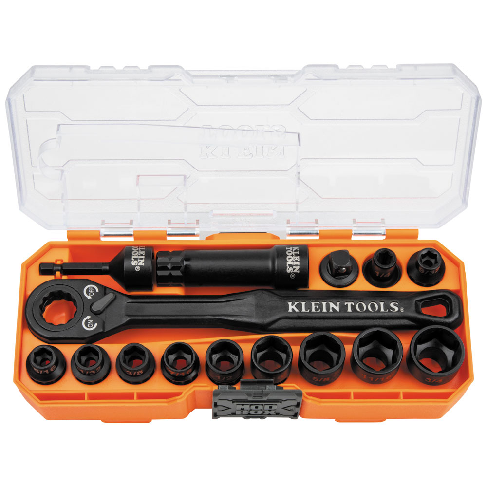 The Klein Tools 8-3/4-Inch Impact-Rated Pass Through Socket Set features a pass through head for driving hex nuts on extended threaded rod. 3/8-Inch square drive adapter allows for use with traditional sockets and includes 11 impact rated sockets. Designed with a steel handle that provides comfort in high torque applications.