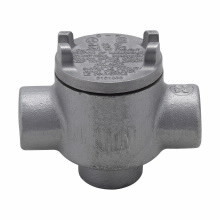 Eaton Crouse-Hinds series Condulet GUA conduit outlet box with cover, 2" cover opening diameter, Feraloy iron alloy, D shape, 3/4"