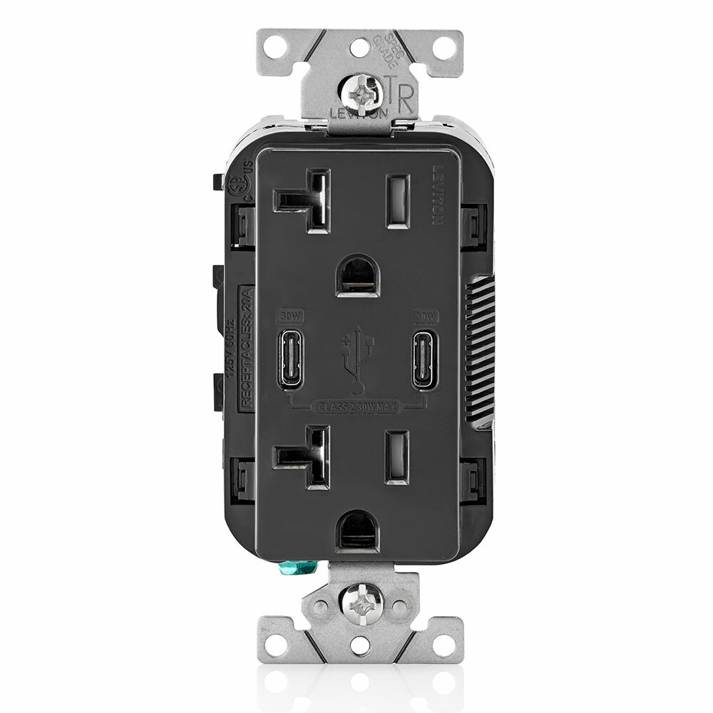 20 Amp, 125 Volt, Decora Tamper-Resistant Outlet. NEMA 5-20R, 30W (6 Amps), Dual Type-C/C Power Delivery USB Chargers, Grounding, Side Wired  - Back Wired - Black