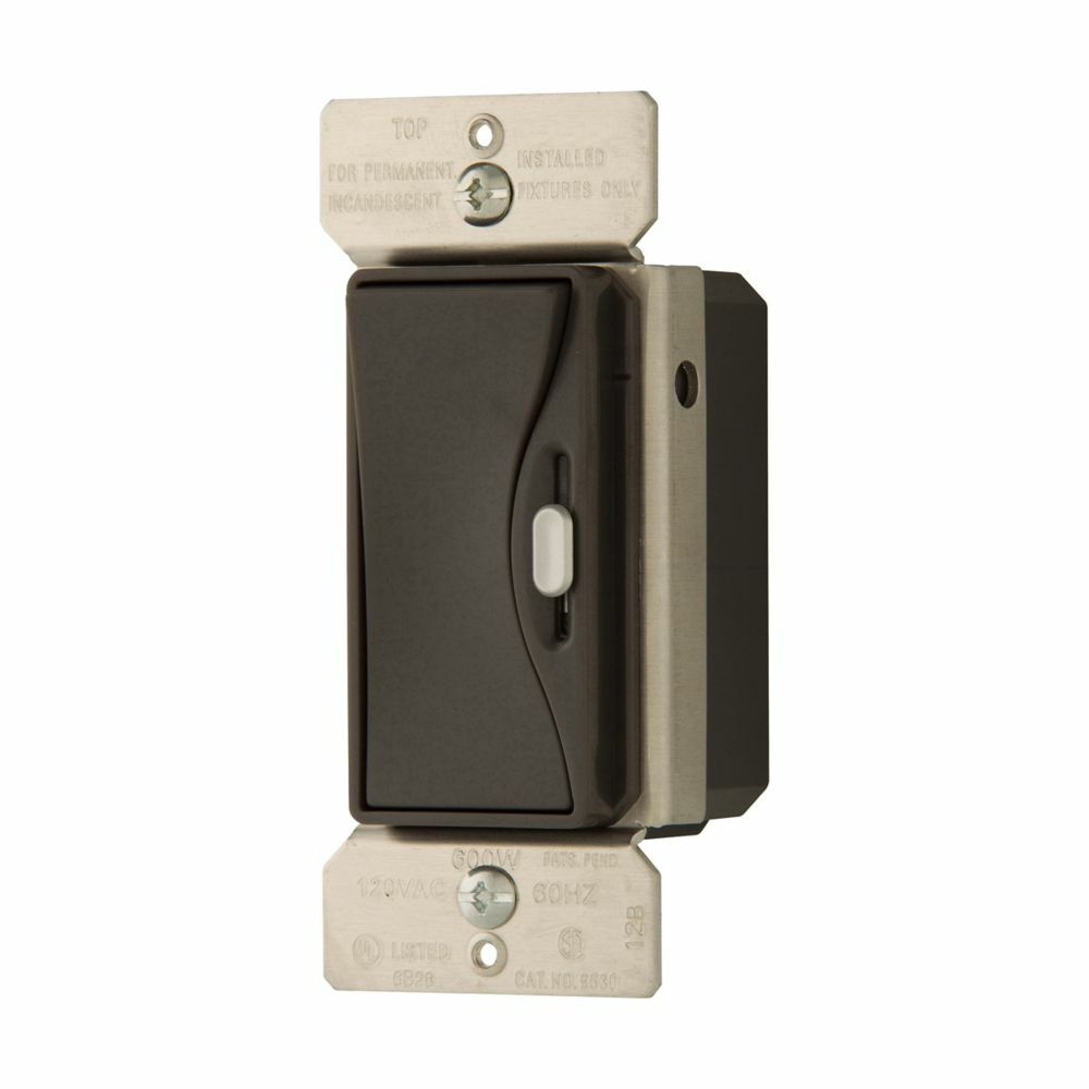 Eaton slide dimmer, No neutral required, #14 -12 AWG, Flush, 120 Vac, Back and side, Maintained, Silver granite, 60 Hz, Incandescent, halogen, MLV, Single-pole, Three-way, Single-phase, Polycarbonate, 600W 645983