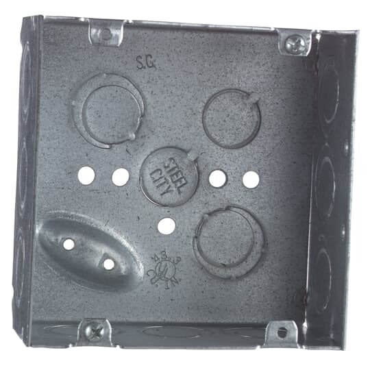 Square Box, 42 Cubic Inches, 4-11/16 Inches Square x 2-1/8 Inches Deep, 1/2 Inch and 3/4 Inch Eccentric Knockouts, Pre-Galvanized Steel, Welded Construction, Suitable for use without a Bonding Jumper in Circuits Above or Below 250 Volts