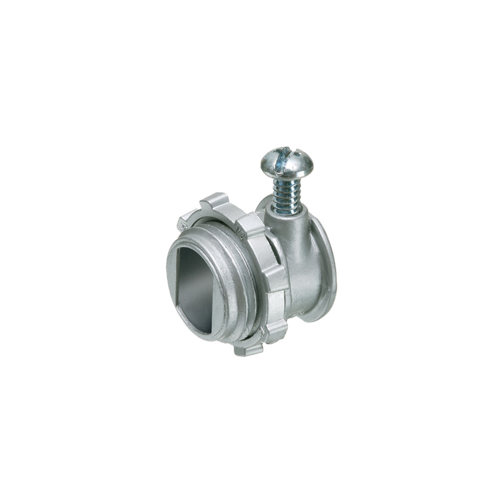 Zinc die-cast, 1/2" knockout set-screw connector for steel only. Rectangular End stop. Concrete tight when taped.