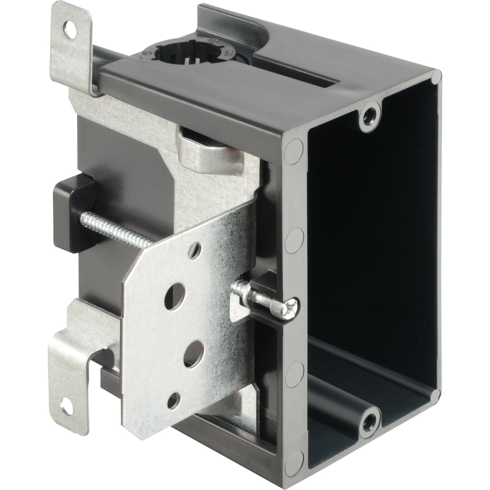 Non-Metallic box for new work/construction on shallow wall cavities. Adjustable for wall thicknesses from 1/4" to 1-1/2". Single Gang, Vertical, 18.3 cu. in. Low Profile.