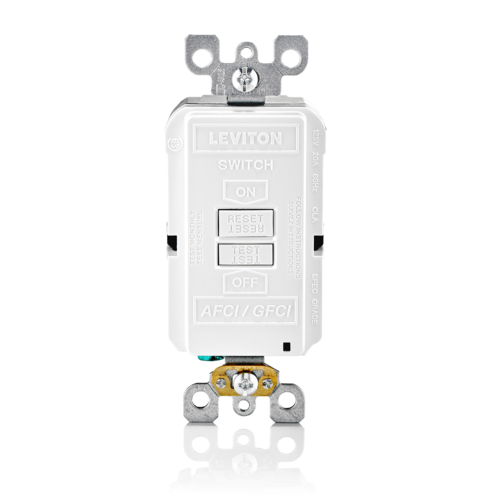 AFCI/Self-Test GFCI Blank Face, Lighted, 20A-125V Feed-through, White, W/White Test And Reset Buttons, W/ Mounting Screws, Washers, Instruction Sheets And Self-ground Clip, Less Wallplate And Wallplate Screws,