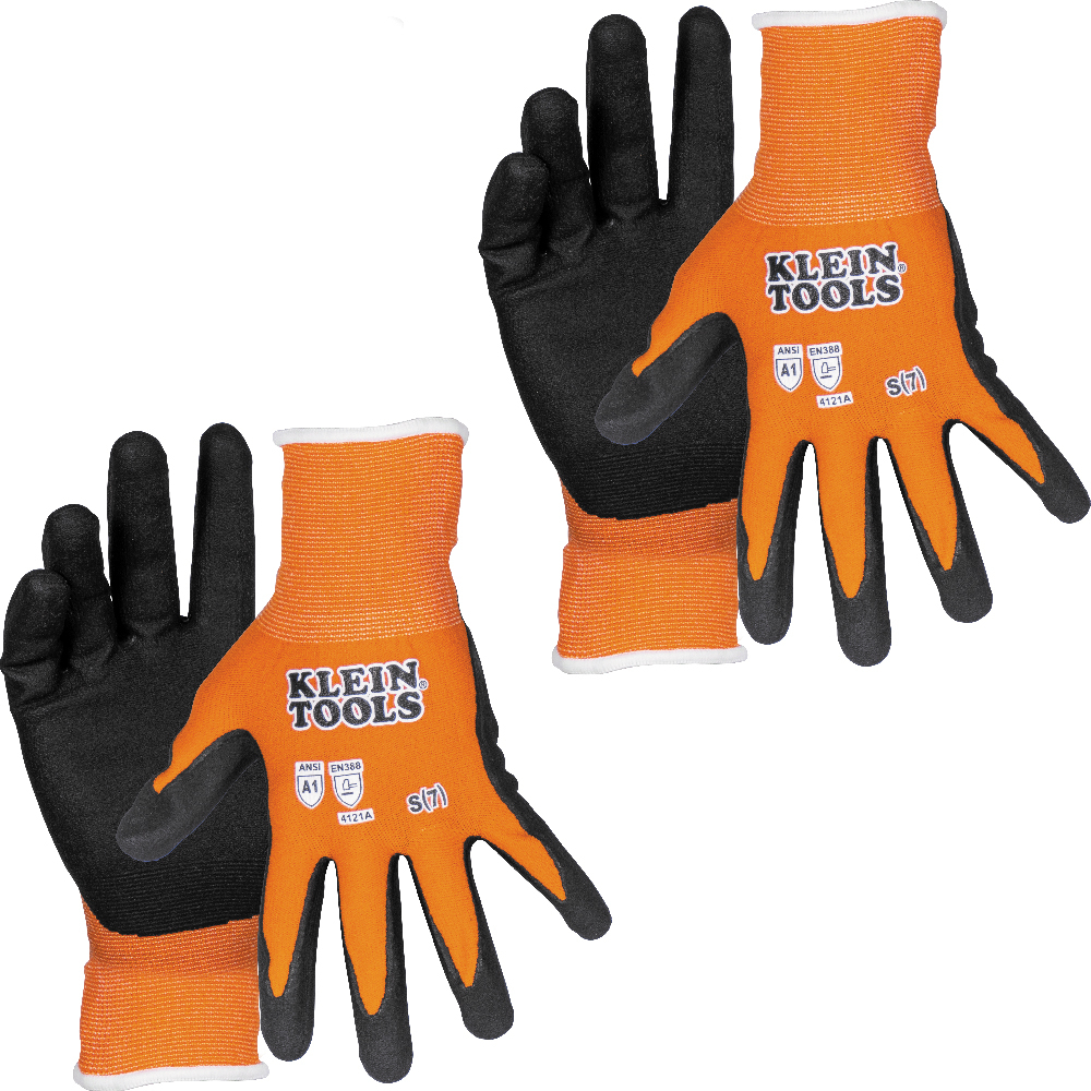 Klein Tools Knit Dipped Cut 1 Gloves are the ideal everyday glove for any job that requires maximum dexterity and light hand protection. These gloves will keep your hands clean and protected from cuts and abrasions when working. The nylon-spandex knit fabric allows the gloves to stretch easily over your hands, offering ultimate comfort and dexterity to ensure ease in even the most detailed work. Touchscreen capabilities allow you to stay protected all day by allowing you to use screens while wearing the gloves.