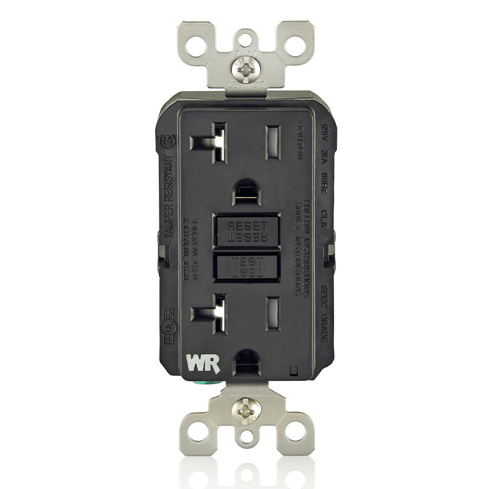 Self-Test Tamper Resistant, Weather Resistant GFCI Receptacle. Nema 5-20R 20A-125V At Receptacle, 20A-125V Feed-through - Black With Black Test And Reset Buttons