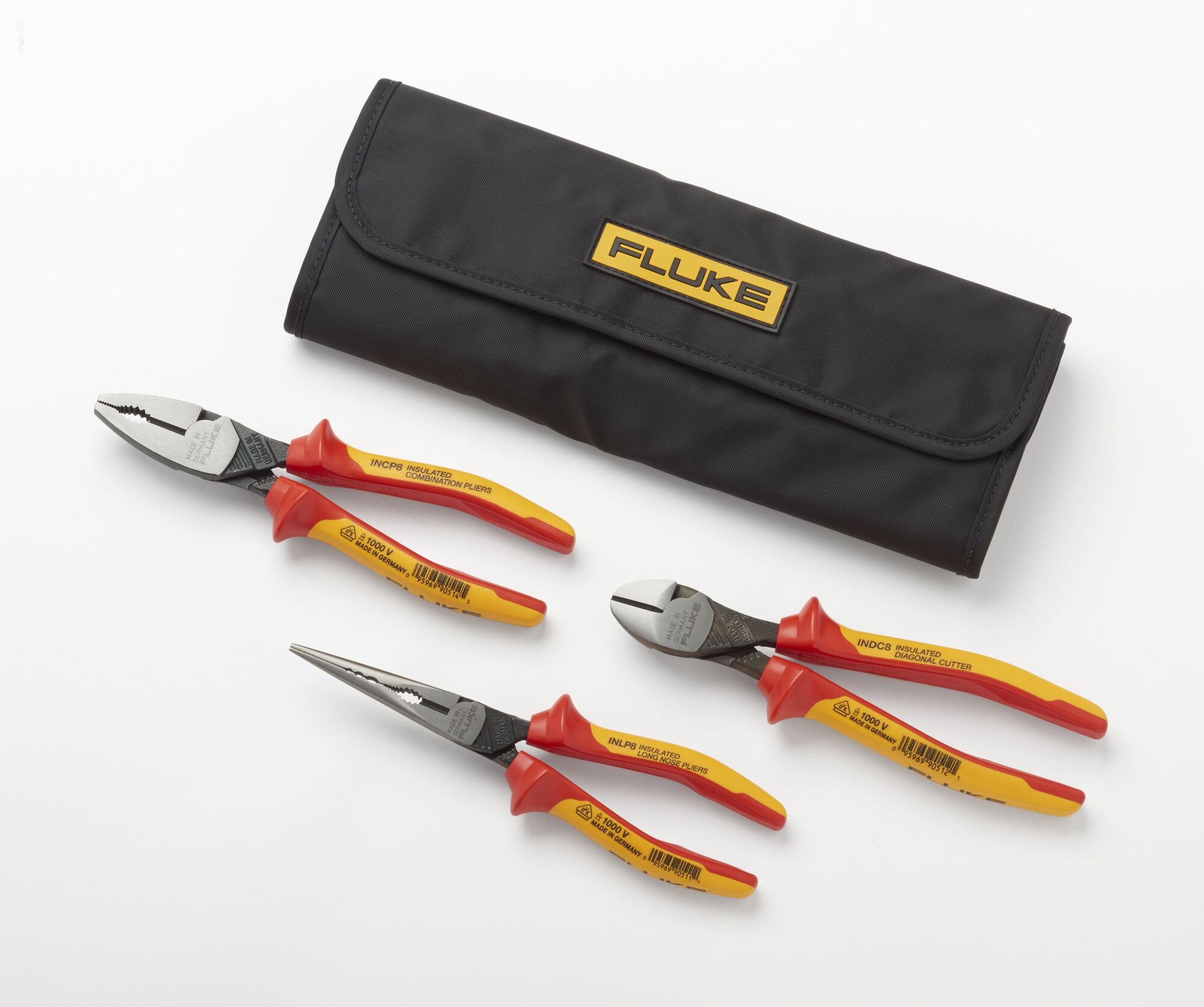 Instantiated tools starter kit  5 screwdriver + 3 plier, 1000V (3 slotted, 2 Phillips, long nose plier, diagonal cutter, linesman combination plier) roll-up tool pouch.