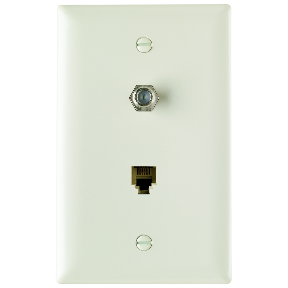Combination f type coaxial connector and four conductor RJ11 telephone jack. Light Almond.