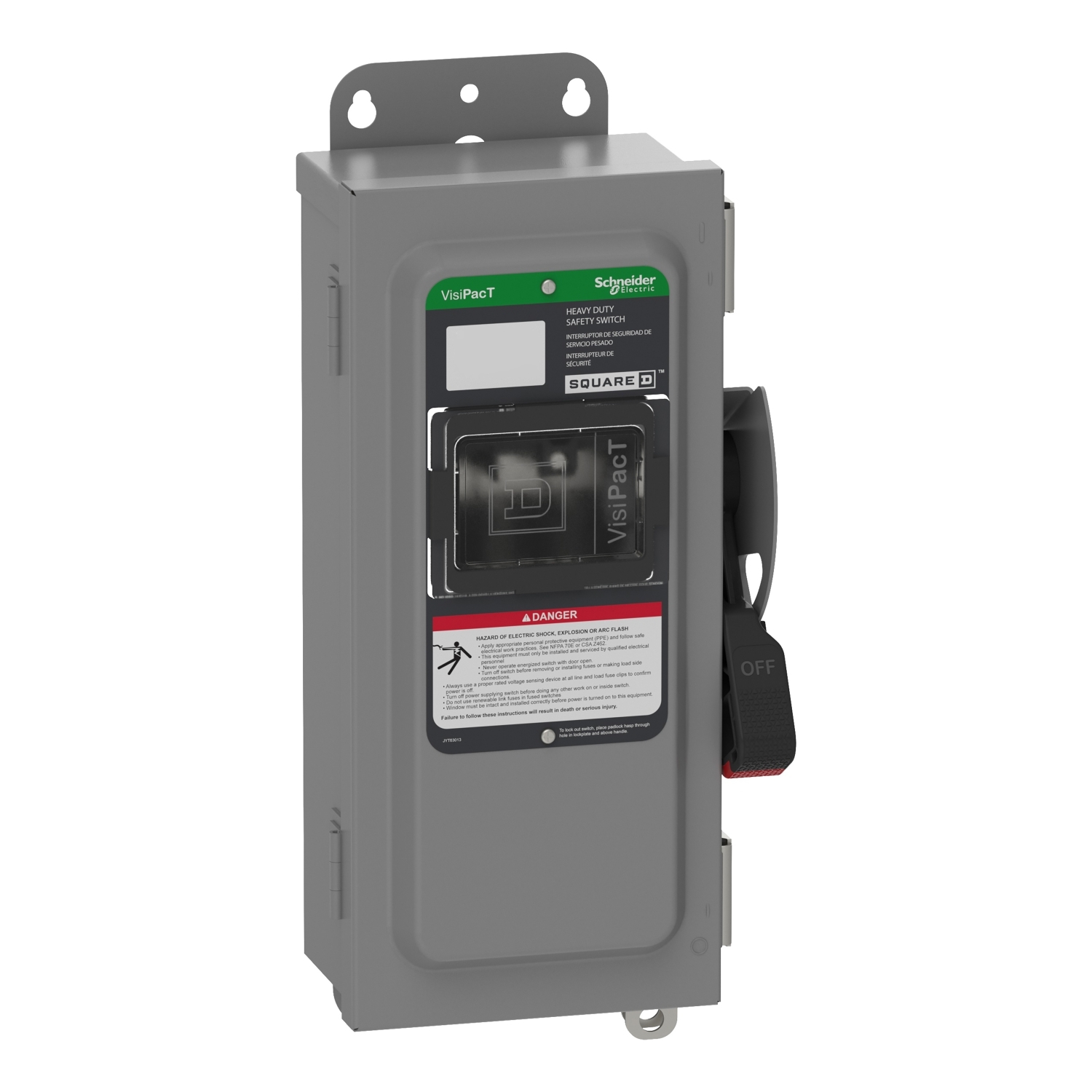 Safety switch, VisiPacT, heavy duty, unfused, viewing window, NEMA 12, 600V, 30A, 3 pole, ground lugs, electrical interlock kit