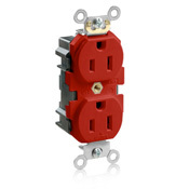 15 Amp, 125 Volt, Narrow Body Duplex Receptacle, Straight Blade, Fed Commercial Grade, Lev-Lok, Self Grounding, Red