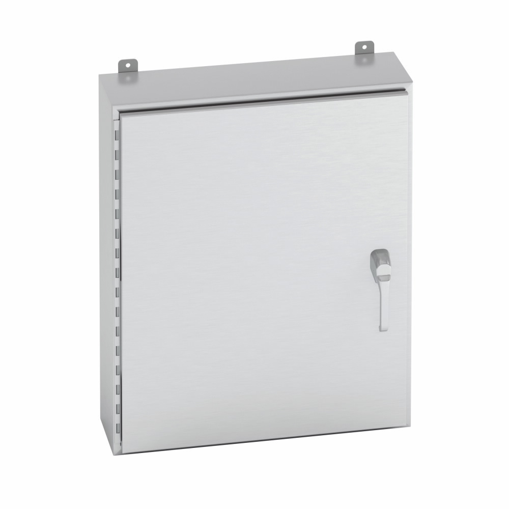 Eaton B-Line series wall mounted panel enclosure, 24" height, 8" length, 24" width, NEMA 4X, Hinged cover, 4XS3PT enclosure, Wall mount, Medium single door, External mounting feet, 304 stainless steel, Seamless poured in-place gasket